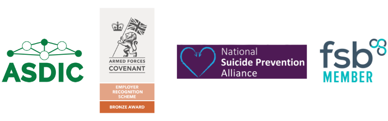 Logos of ASDIC, Armed Forces Covenant, NAtional Suicide Prevention Alliance and FSB